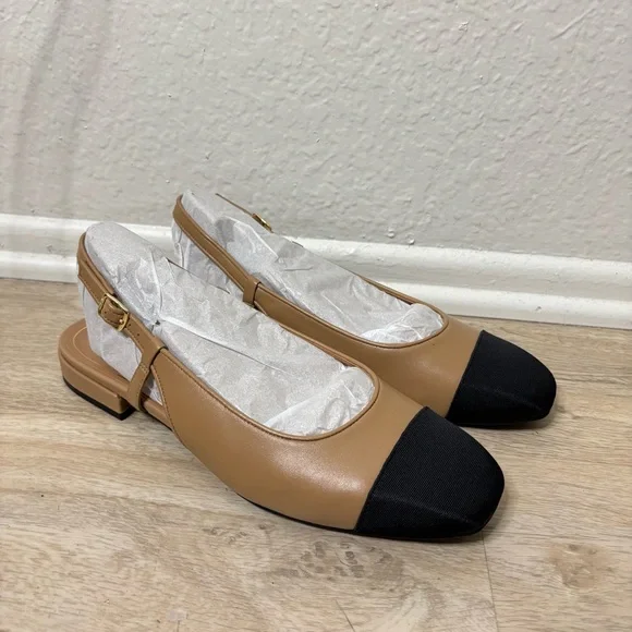 NWT Vionic Petaluma Camel Tan Leather Black Cap Toe Slingback Flats Size 10 Wide - Picture 3 of 7